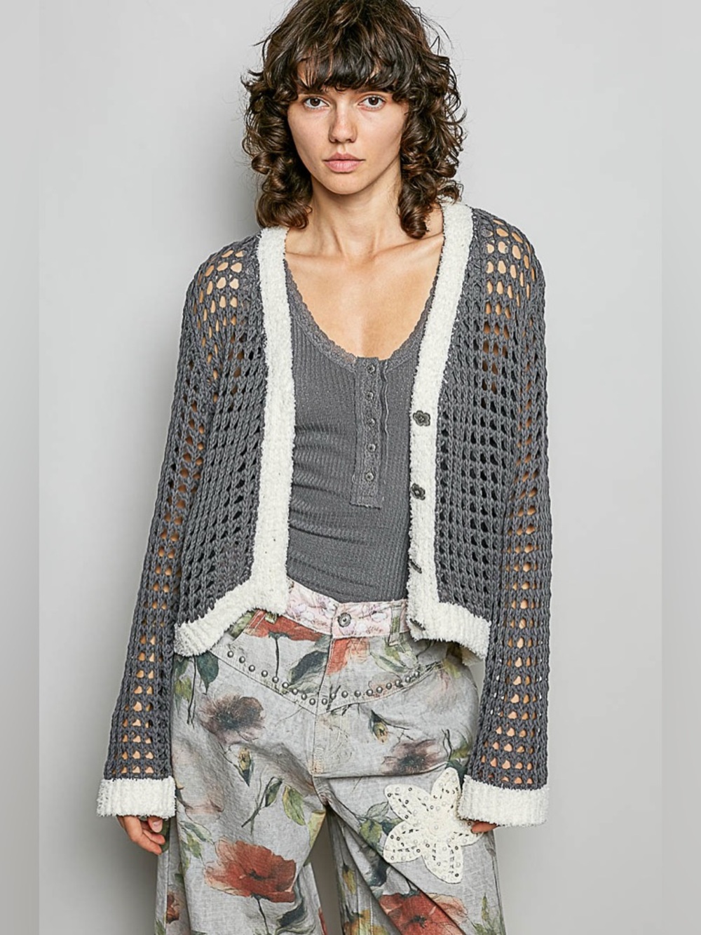 POL Openwork Contrast Cardigan with Floral Metal Button